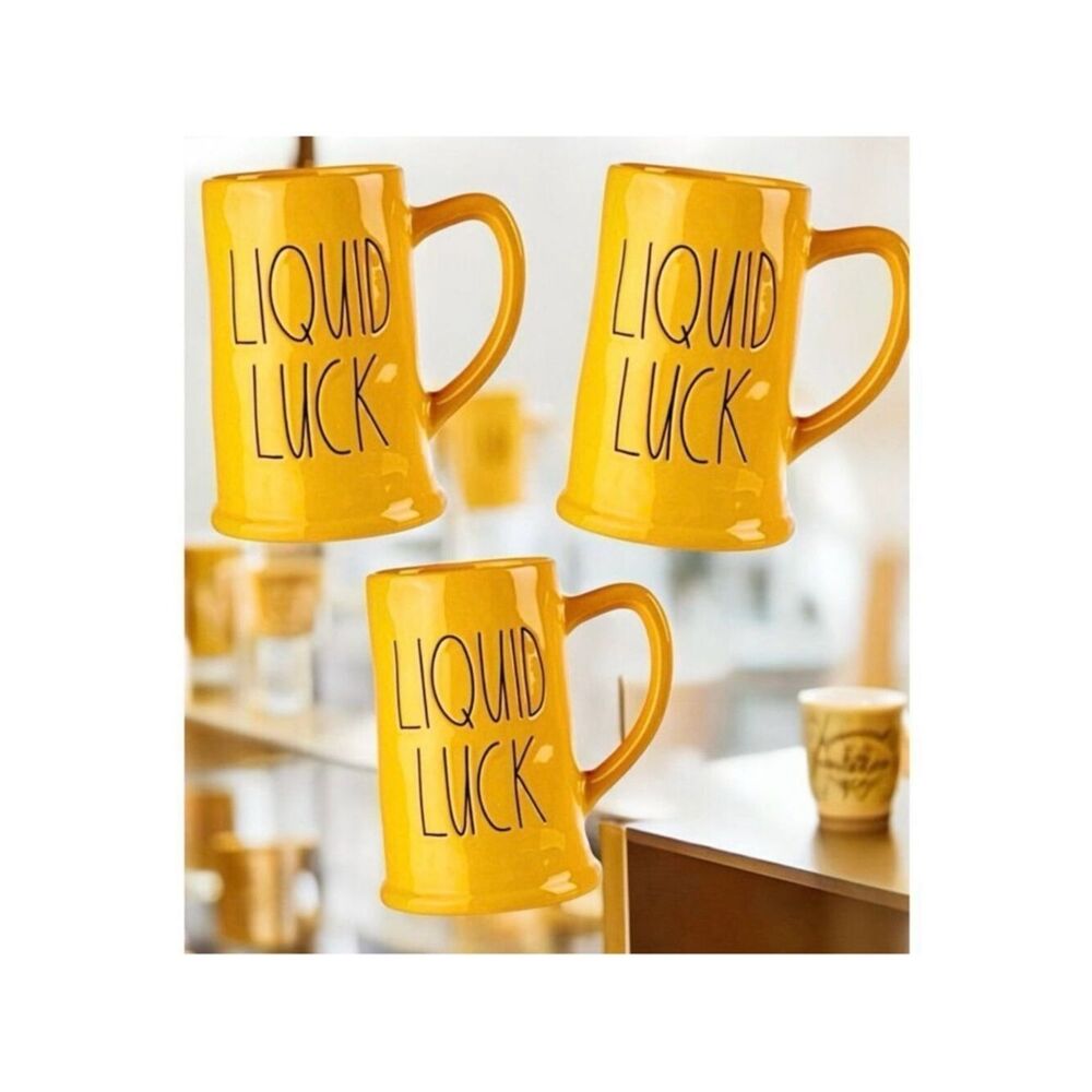 NWT Rae Dunn 3 Liquid Luck Tall Yellow Glossy Beer Embossed Glazed Ceramic Mug